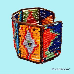 Vintage Rainbow Hand Beaded Aztec Design Cuff/Bracelet